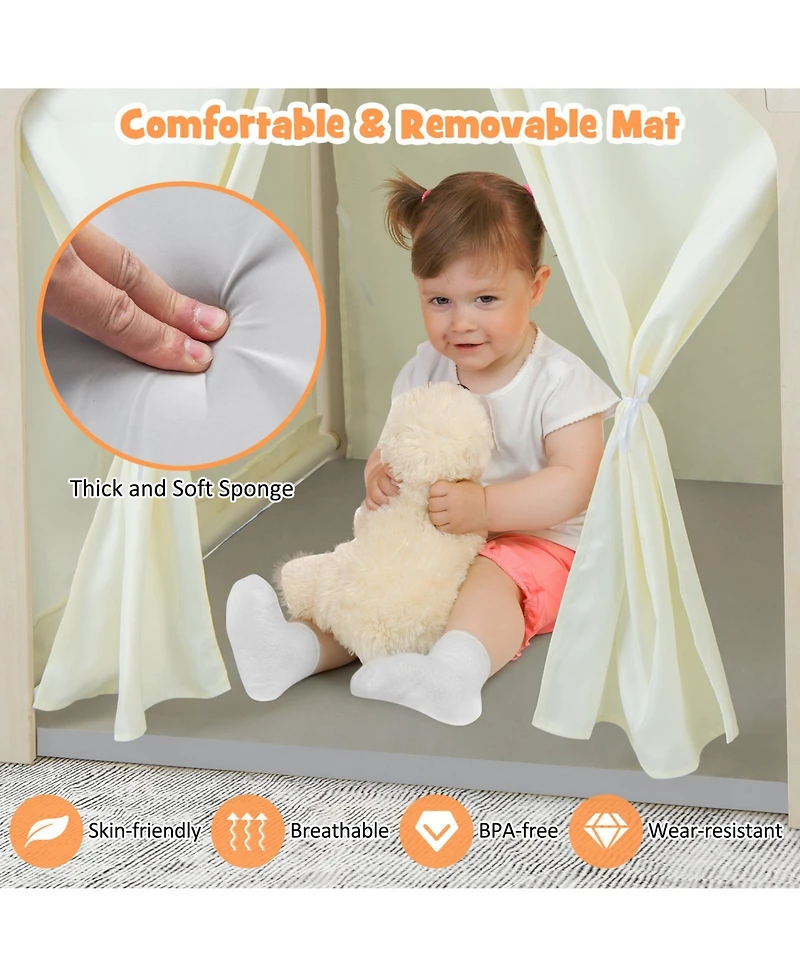 Montessori Style Indoor Playhouse with Storage Bin and Floor Mat for Toddlers Aged 2-6 Years Old-Beige