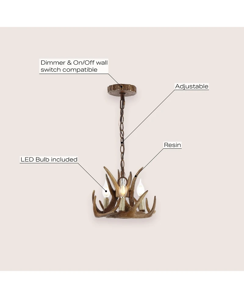 Jonathan Y Nelle 11.5" Adjustable Resin Antler 3-Light Led Chandelier, Brown