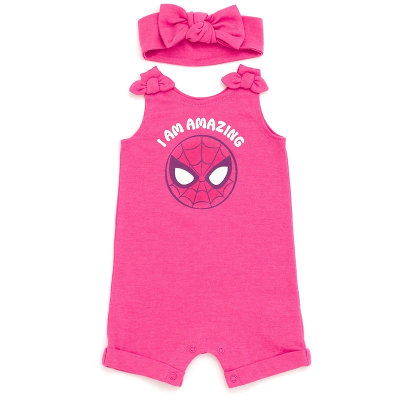 Avengers Baby Girls Marvel Spider-Man French Terry Romper and Headband Newborn to