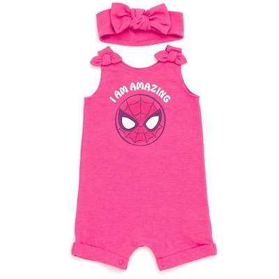 Avengers Baby Girls Marvel Spider-Man French Terry Romper and Headband Newborn to
