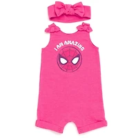 Avengers Baby Girls Marvel Spider-Man French Terry Romper and Headband Newborn to