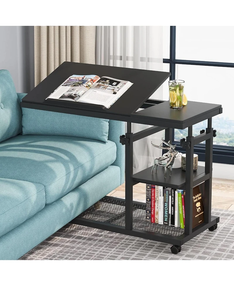 Tribesigns Height Adjustable C Table with Wheels, Mobile Couch Snack Side Tiltable Drawing Board, Sofa Bedside Laptop Stand Shaped Tv Tra