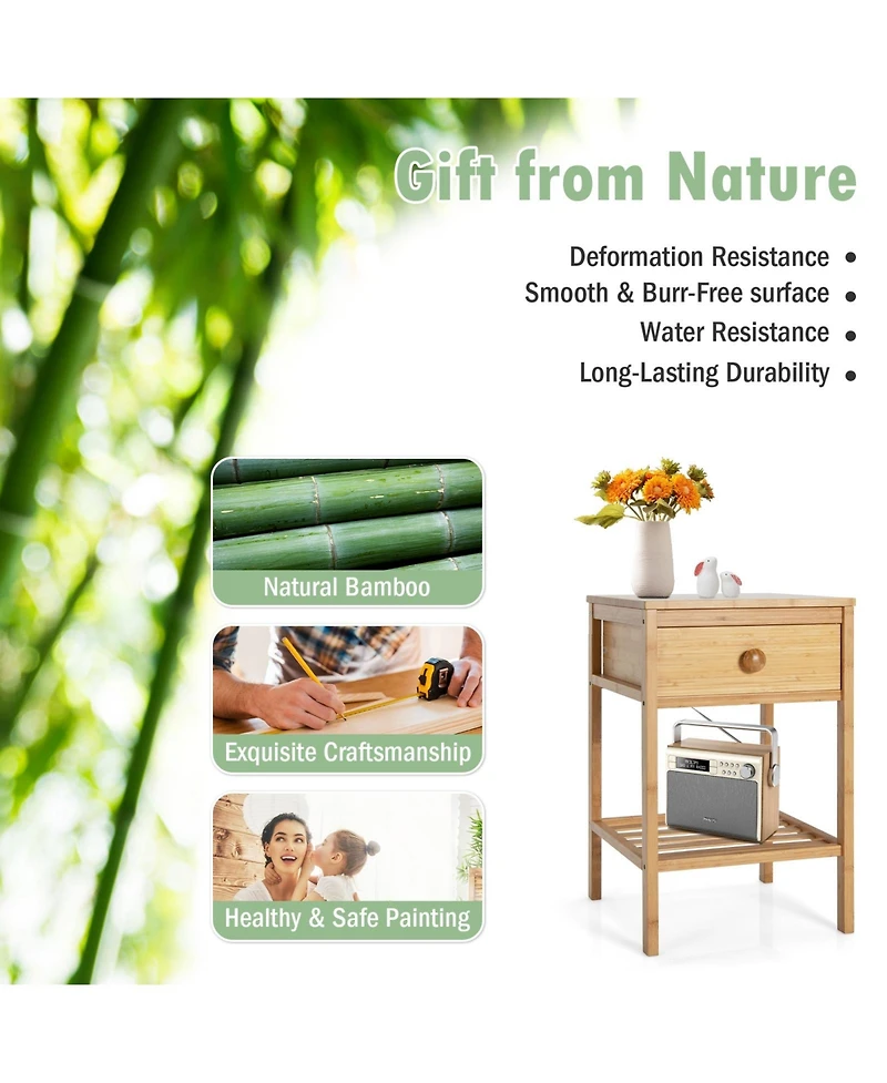 Sugift Bamboo Nightstand with Drawer and Open Shelf