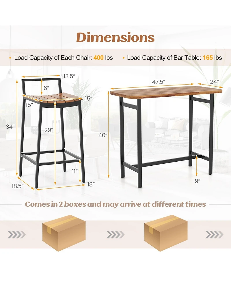 Skonyon 5 Piece Acacia Wood Bar Table Set Bar Height Table and Chairs with Metal Frame and Footrest