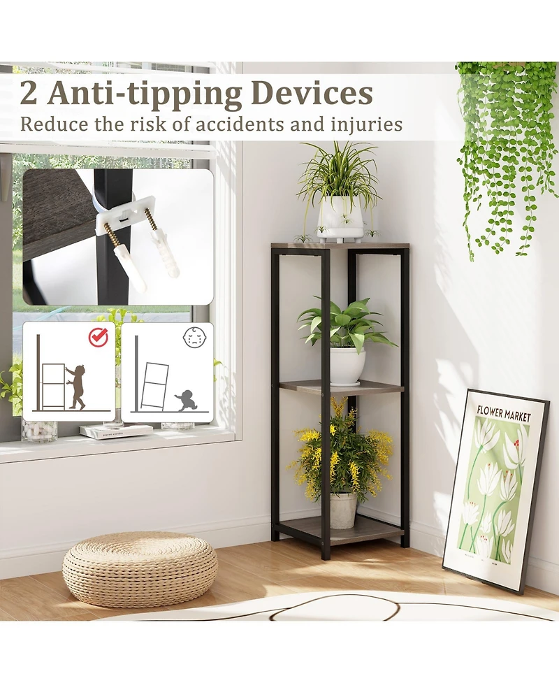 3-Tier Tall Metal Plant Stand Corner Plant Holder with Anti-tipping Device-Black & Gray
