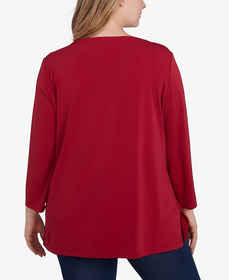 Ruby Rd. Plus Micro Chain Embellished Solid Crepe Knit Top with Side Slits