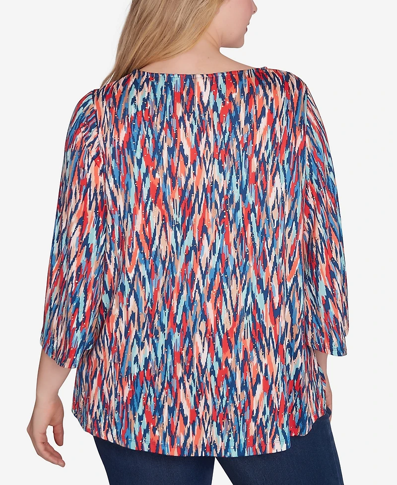 Ruby Rd. Plus Size Scoop Neck Ikat Dew Drop Printed Knit Top
