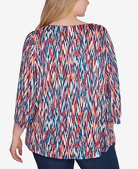 Ruby Rd. Plus Size Scoop Neck Ikat Dew Drop Printed Knit Top