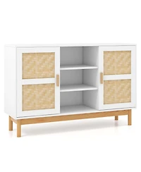 48 Inch Sideboard Buffet Cabinet Floor Storage Cabinet with 2 Bamboo Woven Doors-White