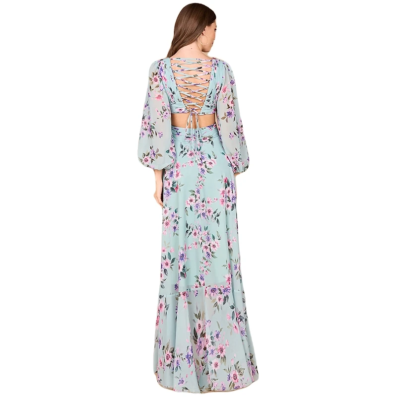 Lara Women's Long Sleeve V-Neck, Layered Skirt Print Dress