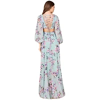 Lara Women's Long Sleeve V-Neck, Layered Skirt Print Dress