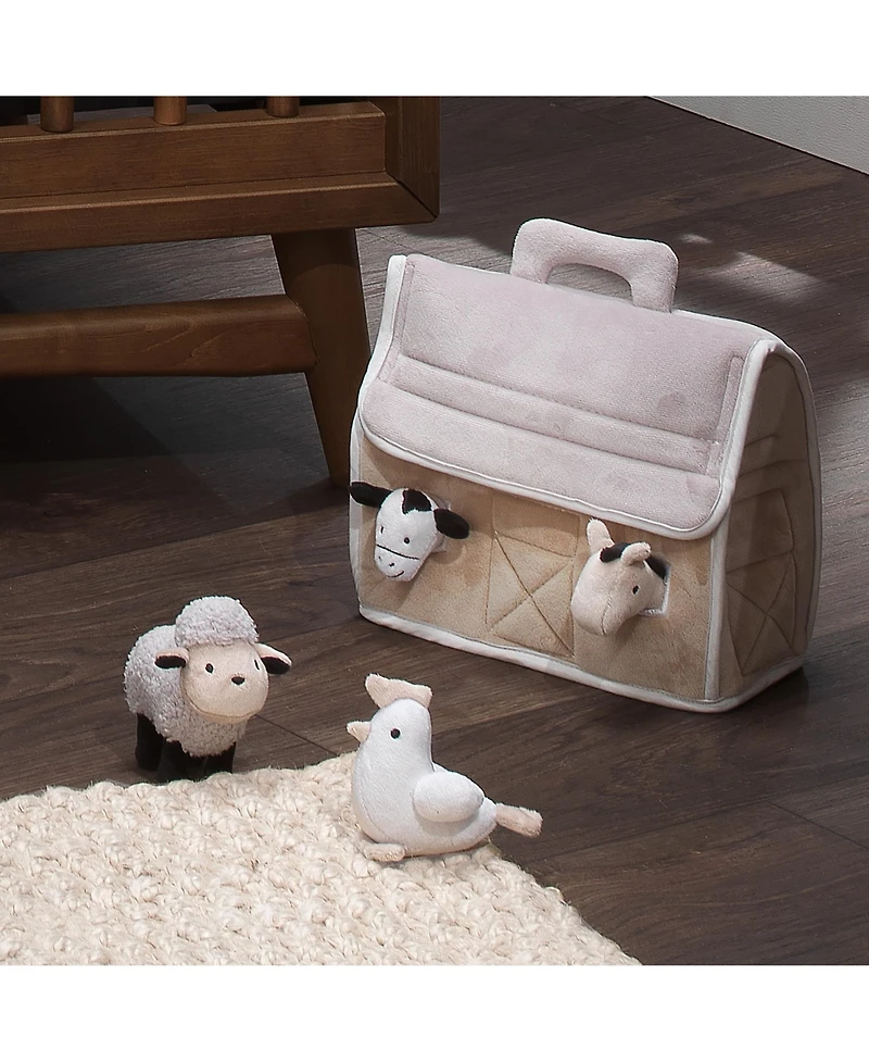 Lambs & Ivy Baby Farm Plush Barn with 4 Stuffed Animals Toy - Taupe/Gray/White