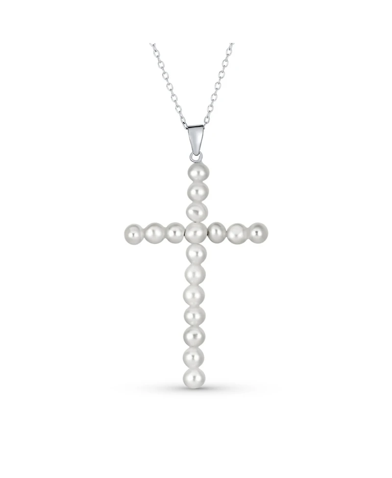 Bling Jewelry Simple Religious Freshwater Cultured White Pearl Large Cross Necklace Pendant Sterling Silver