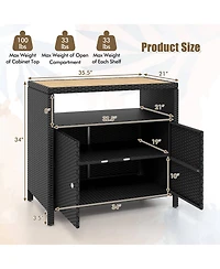 Patio Rattan Storage Cabinet with Acacia Wood Countertop Open Shelf 2 Door