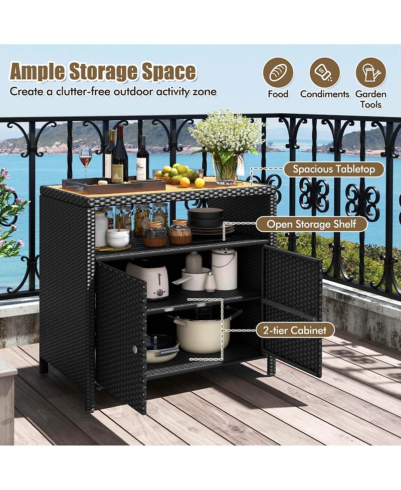 Patio Rattan Storage Cabinet with Acacia Wood Countertop Open Shelf 2 Door