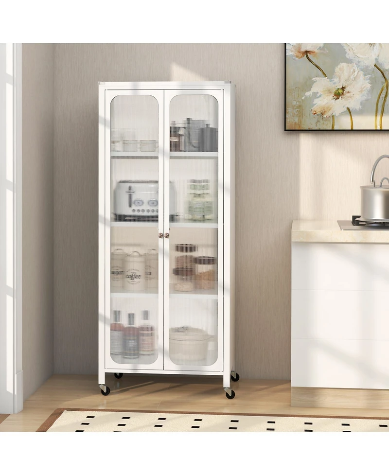 Sugift Glass Doors Storage Cabinet with Wheels and Adjustable Shelves
