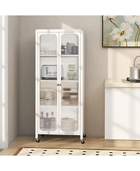 Sugift Glass Doors Storage Cabinet with Wheels and Adjustable Shelves
