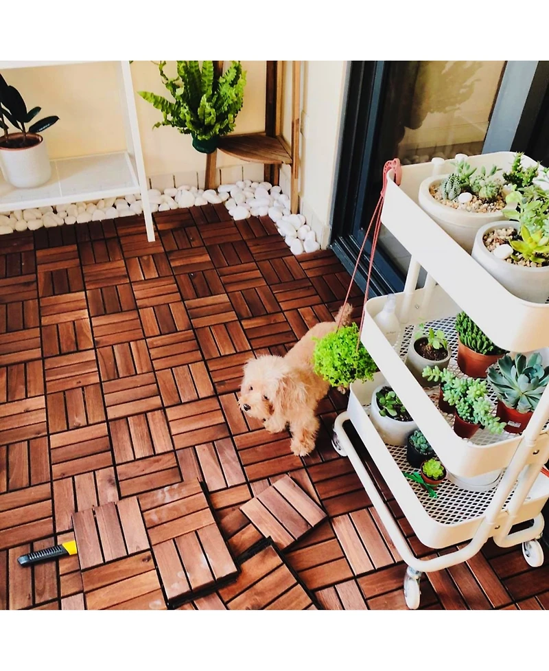 Simplie Fun Acacia Wood Checker Pattern Deck Tiles (12x12, 10-Pack) for Patio, Balcony, Etc
