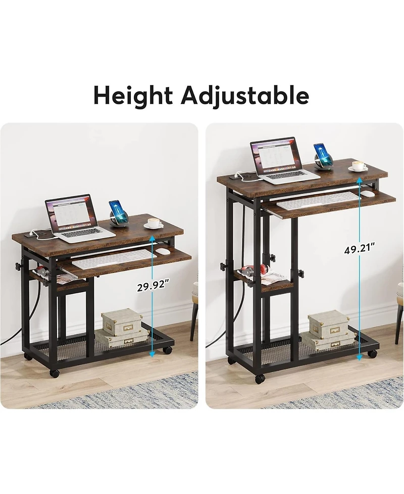 Tribesigns Small Portable Desk with Power Outlet, Height Adjustable Sofa Couch Bedside Laptop Table Wheels, Mobile Standing Rolling Computer