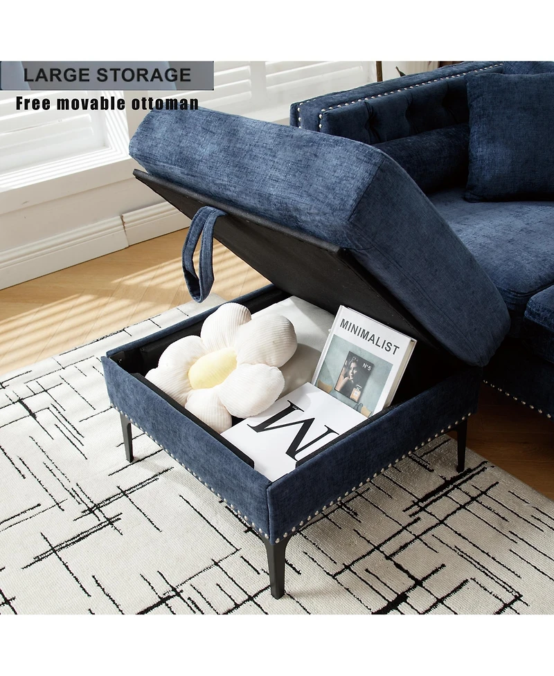 Streamdale Furniture Blue Chenille L-Sectional Sofa with Storage Ottoman
