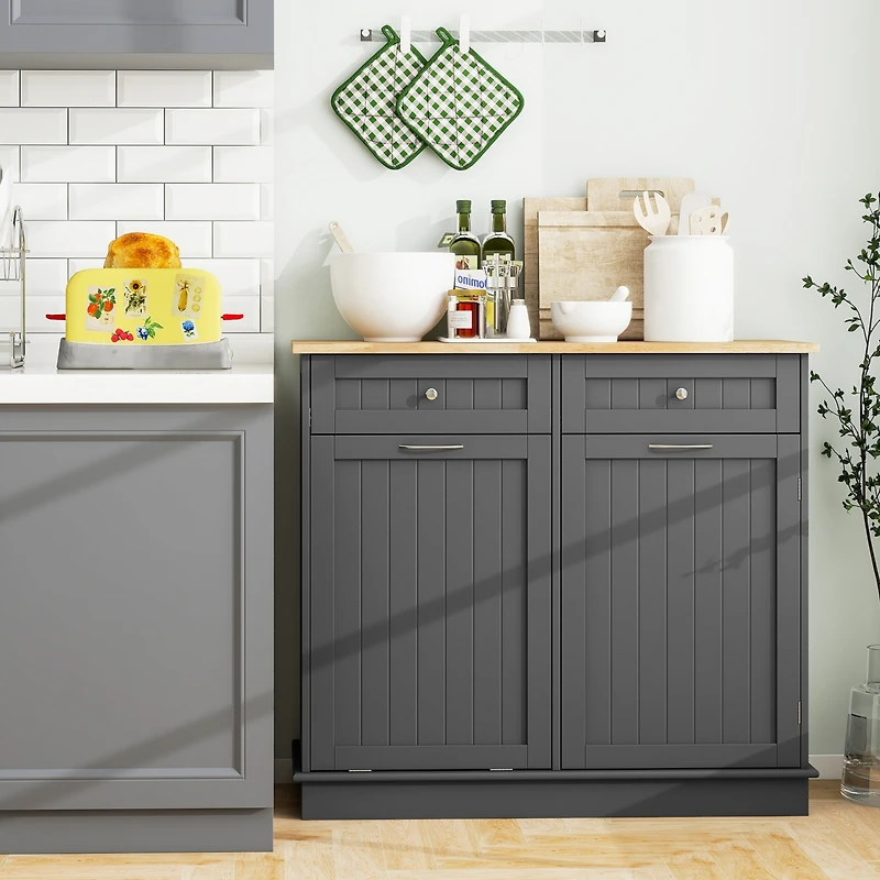 Wooden Kitchen Trash Cabinet Tilt Out Bin Holder with Drawer & Storage Shelf