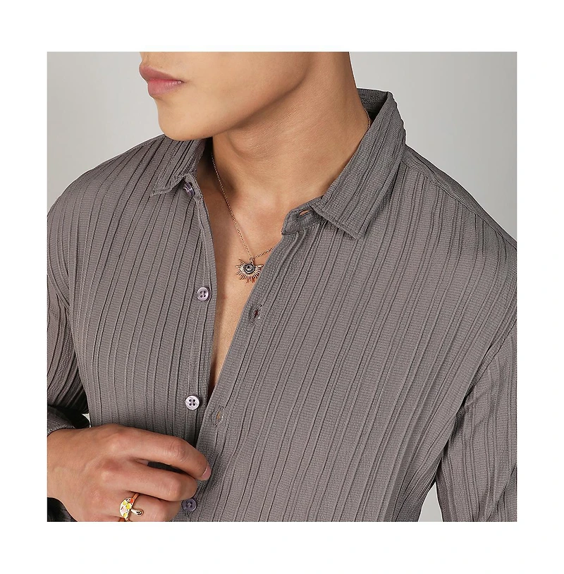Men's Ash Grey Self-Design Striped Shirt