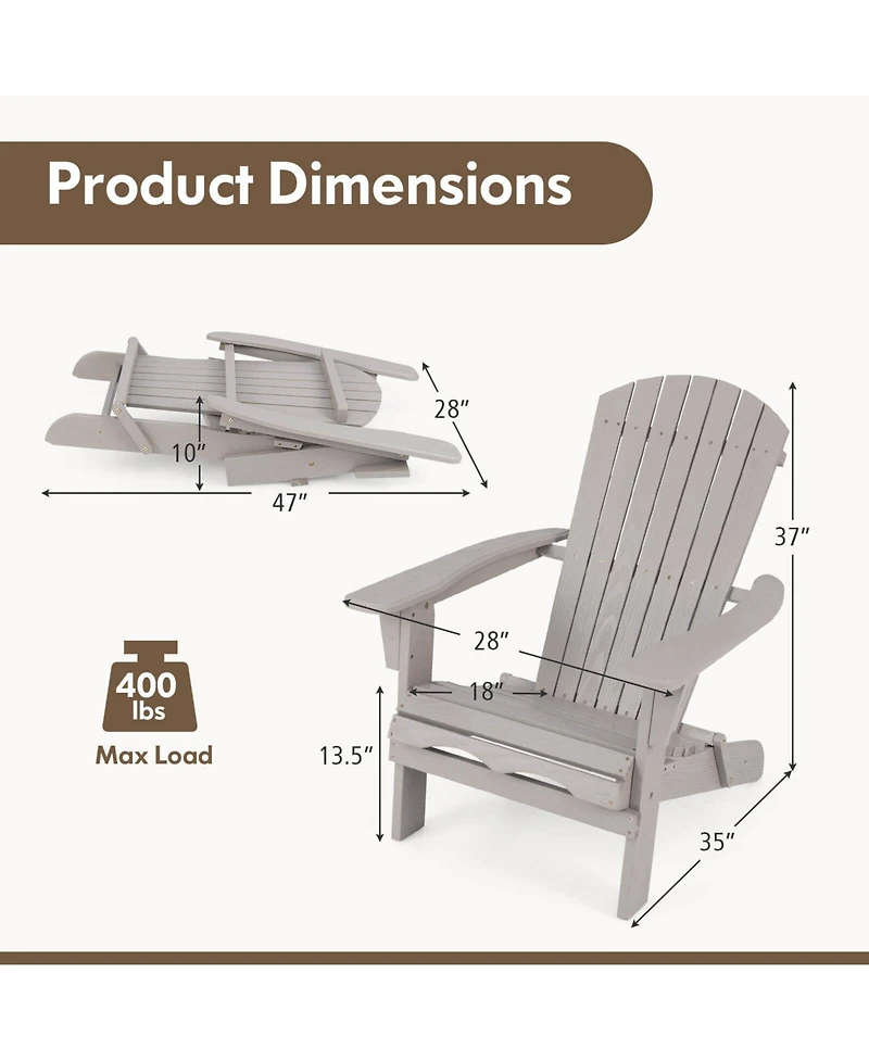 Folding Adirondack Chair Set of 1 with High Backrest & Wide Armrests Wooden