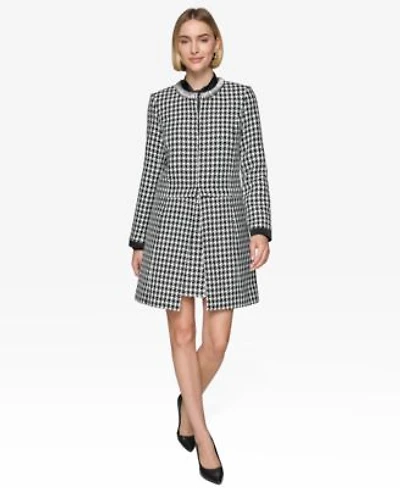 Karl Lagerfeld Paris Womens Houndstooth Zipped Jacket Houndstooth Miniskirt Tie Neck Long Sleeve Satin Blouse