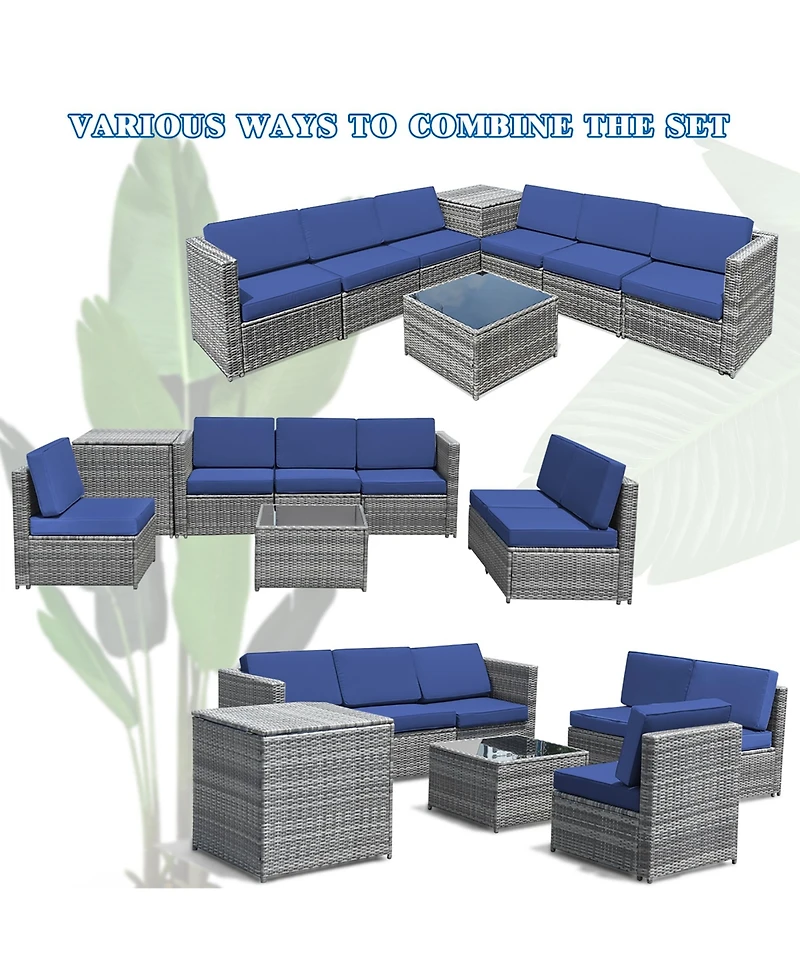 8 Pcs Wicker Sofa Rattan Furniture Set Patio w/ Storage Outdoor