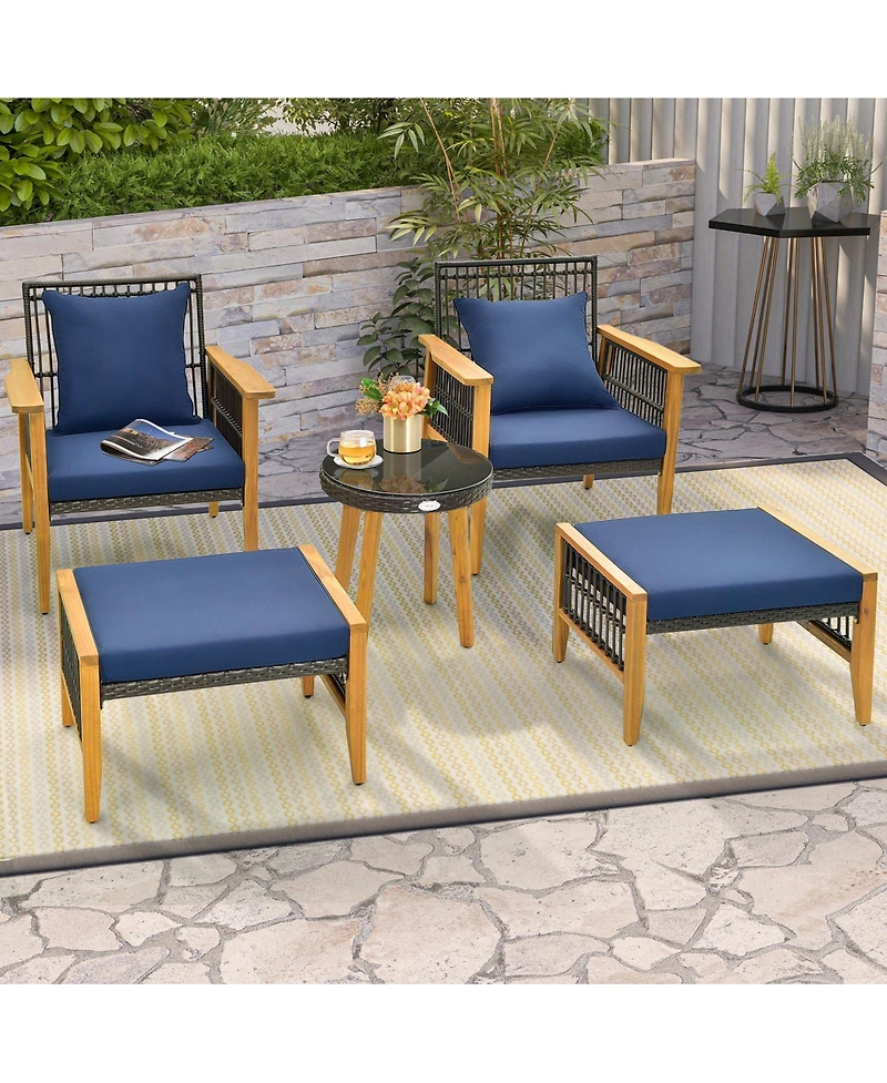 5 Piece Patio Furniture Set with Coffee Table and 2 Ottomans-Navy