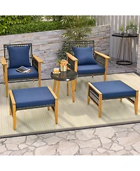 5 Piece Patio Furniture Set with Coffee Table and 2 Ottomans-Navy