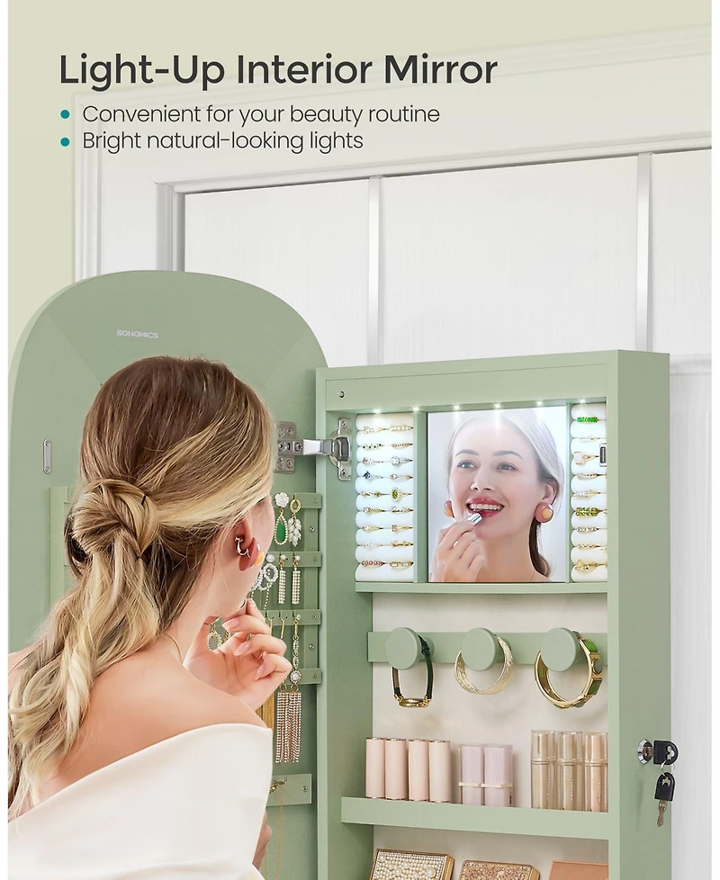 Slickblue Led Jewelry Cabinet Wall/Door Mounted, Lockable Rounded Wide Mirror with Storage, Interior Mirror