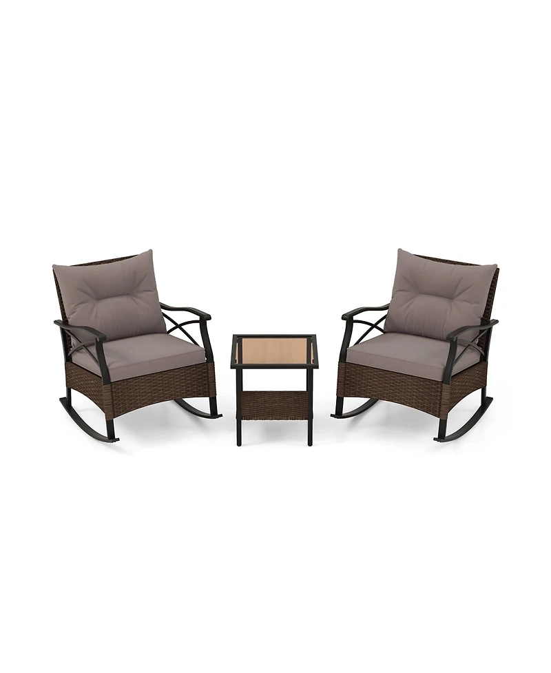 3 Pieces Outdoor Rattan Rocking Chairs Set with 2-Tier Side Table