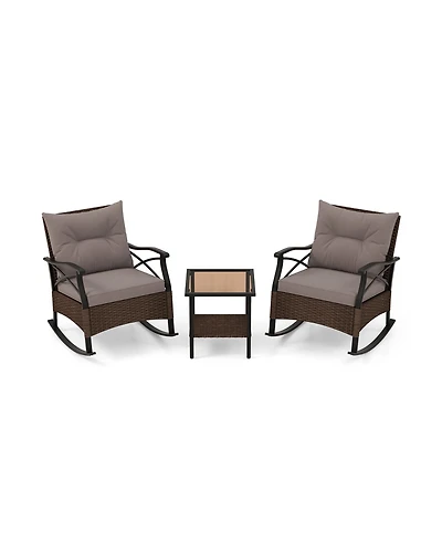 3 Pieces Outdoor Rattan Rocking Chairs Set with 2-Tier Side Table