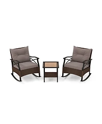 3 Pieces Outdoor Rattan Rocking Chairs Set with 2-Tier Side Table
