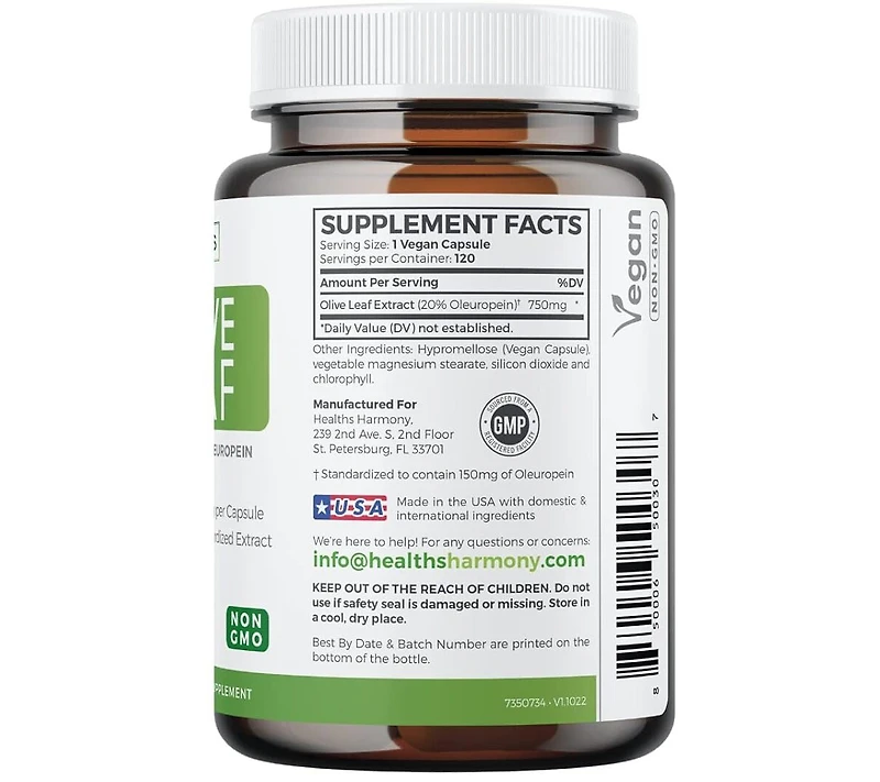 Olive Leaf Extract Capsules, Cardiovascular and Immune Health, Health's Harmony, 120ct