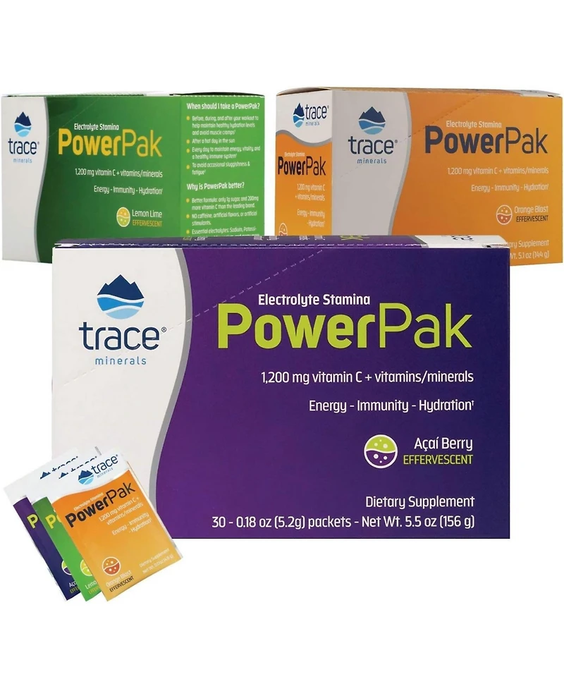 Trace Minerals Power Pak | Electrolyte + 1200mg Vitamin C, Zinc, Magnesium | Supports Immunity, Hydration & Energy | Lemon Lime, Orange Blast, Acai Be