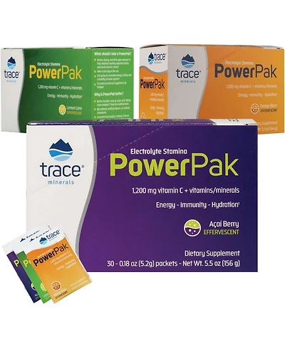 Trace Minerals Power Pak | Electrolyte + 1200mg Vitamin C, Zinc, Magnesium | Supports Immunity, Hydration & Energy | Lemon Lime, Orange Blast, Acai Be
