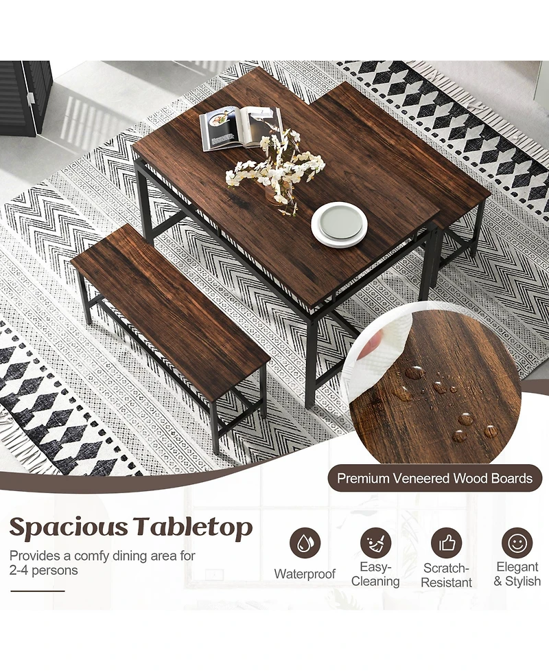 Vebreda 3 Pieces Dining Table Set with Wooden Kitchen Table and 2 Benches-Brown