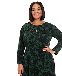 London Times Plus Size Printed Keyhole Long-Sleeve Dress