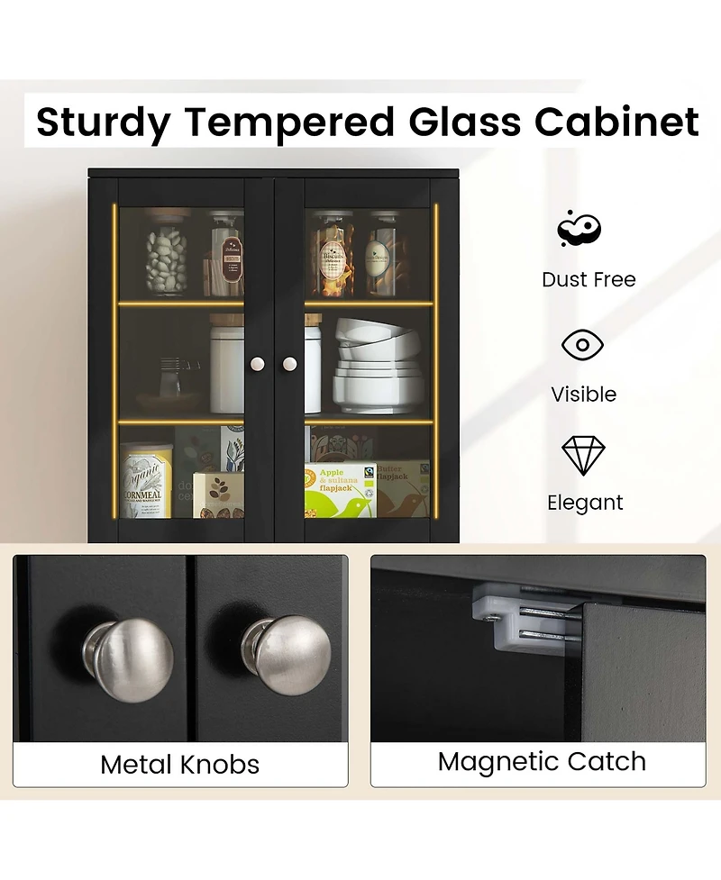 63.5" Tall Kitchen Pantry Storage Cabinet with Glass Door Shelves