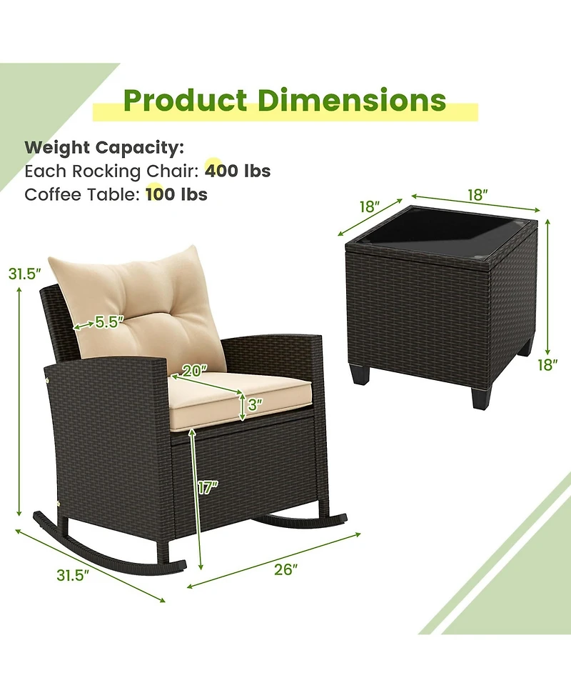 3 Pcs Patio Wicker Rocking Set with Tempered Glass Table & Soft Cushions Outdoor