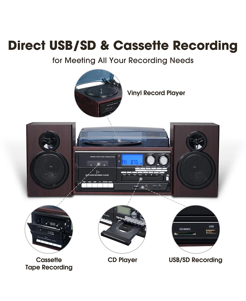 Yescom Vinyl Record Player with Speakers Turntable Bluetooth Tape Cassette Cd Player Retro
