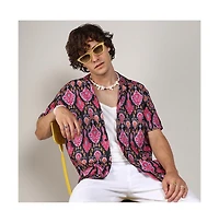 Campus Sutra Men's Midnight Black & Light Pink Ethnic Shirt