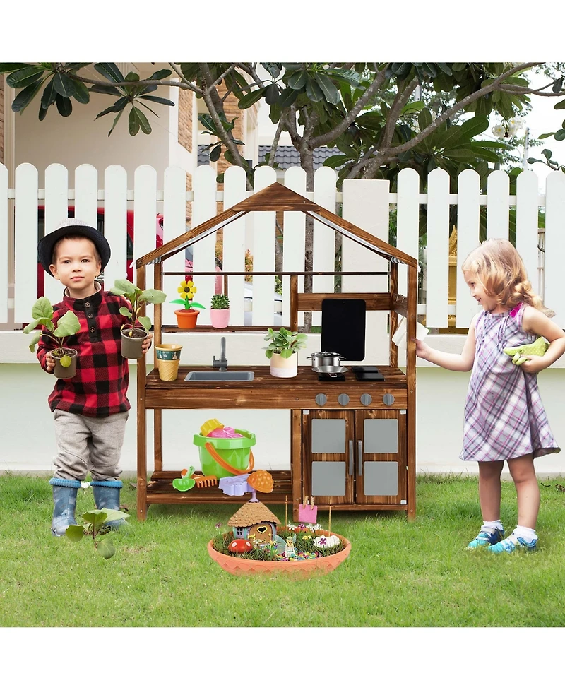 Costway Wooden Mud Kitchen with Chalkboard, Stoves, Removable Sink & Accessories