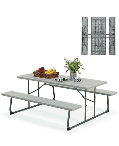 Costway Folding Picnic Table with Wood-like Tabletop, Umbrella Hole, 2 Benches for 8 Person