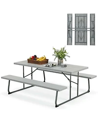 Costway Folding Picnic Table with Wood-like Tabletop, Umbrella Hole, 2 Benches for 8 Person