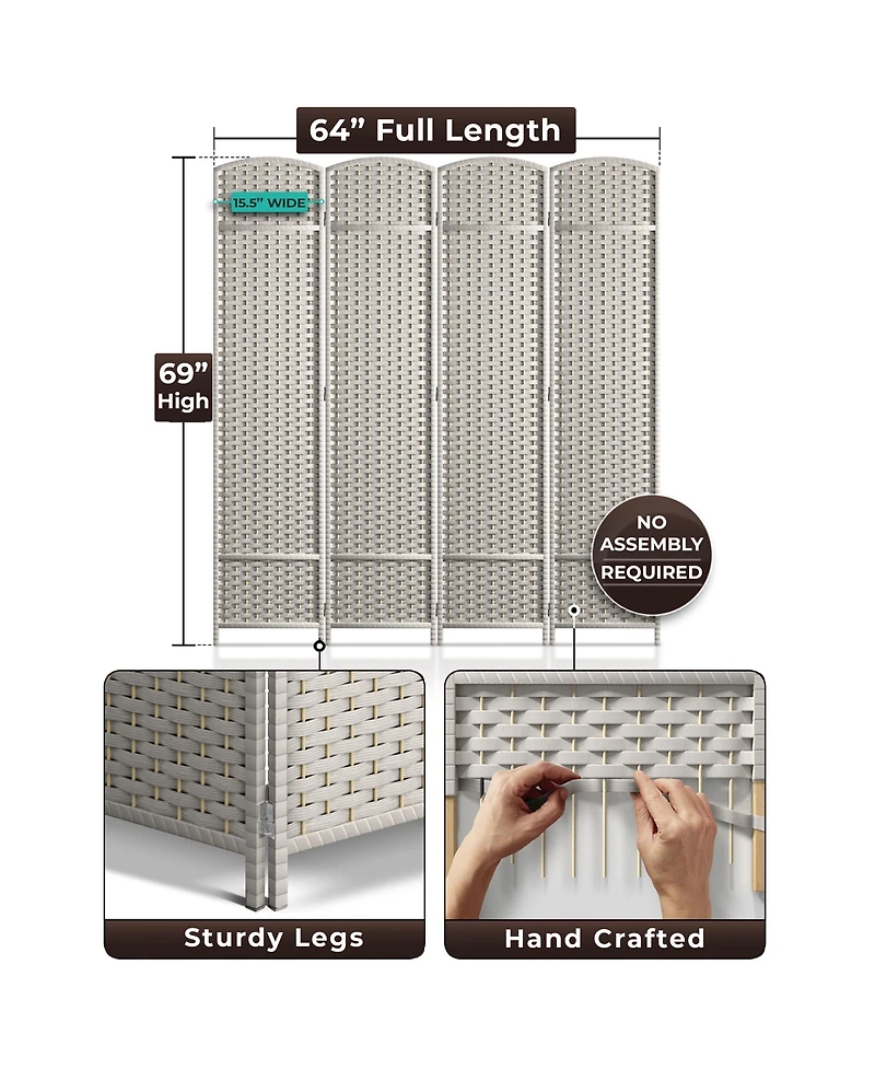 Sorbus 4 Panel Room Divider Panel, 6 ft. Tall Extra Wide Double Hinged Panels - Folding Privacy Screens Gray Line