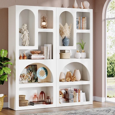 Tribesigns 70" Tall Geometric Bookshelf Set of 2, White Arched Bookcase with 5 Irregular Storage Shelves, Modern Open Art Decor Display Shelf