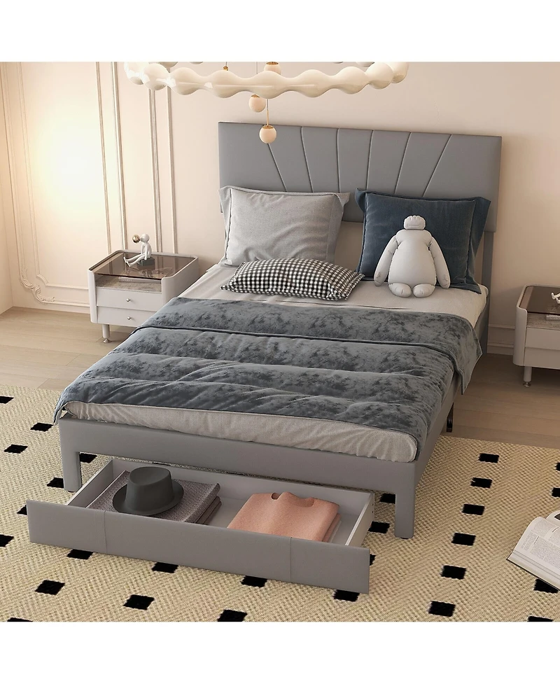 Gymax Queen Upholstered Bed Frame Platform with Drawer & Adjustable Headboard Grey
